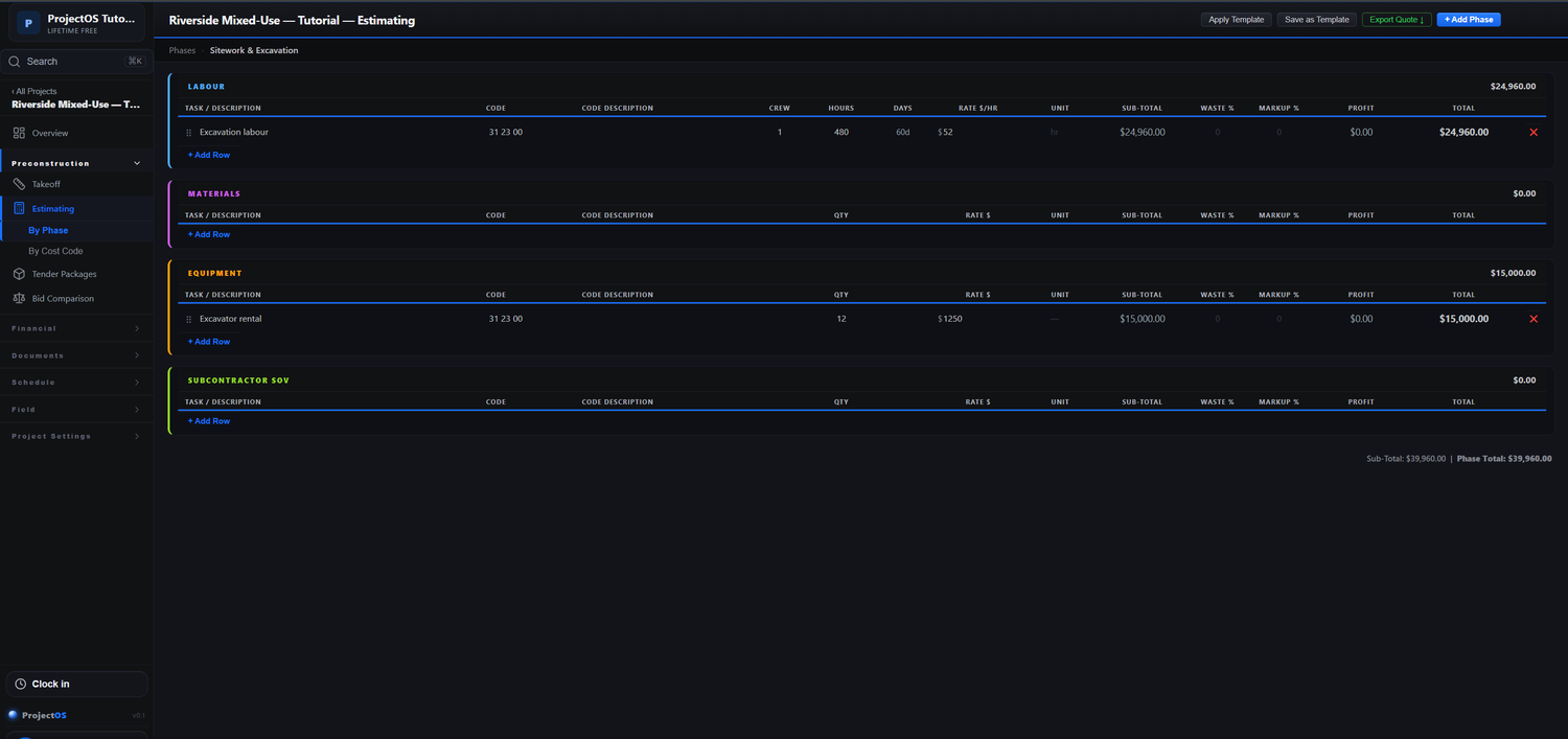 ProjectOS estimating screen with labour, materials and equipment line items