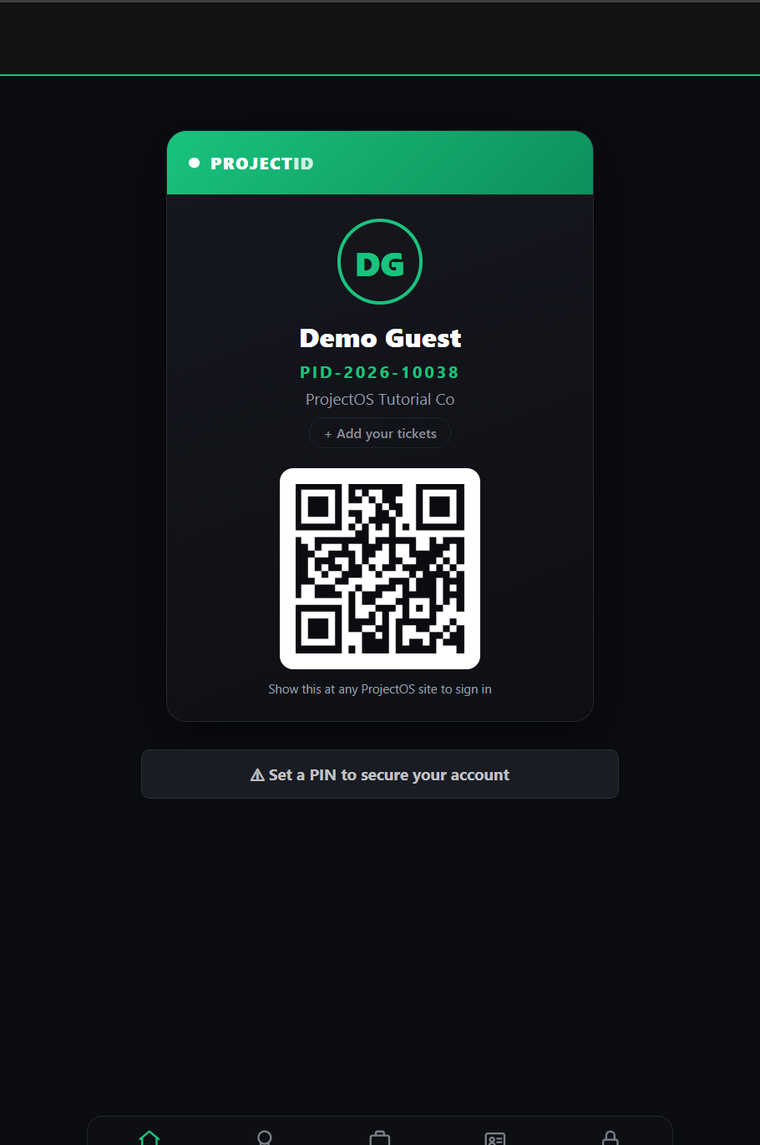 A worker's ProjectID card with sign-in QR code and bottom tab bar
